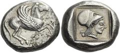 Greek Coins Corinthia, Corinth. Stater circa 515-480, AR 8.70 g. Bridled Pegasus flying r.; below, koppa. Rev. Head of Athena r., wearing Corinthian helmet, within partially incuse square. Ravel –, cf