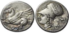 Greek Coins Corinthia, Corinth. Stater, circa 345-307, AR 8.60 g. Pegasus flying l.; below, koppa. Rev. Head of Athena l., wearing wreathed Corinthian helmet and necklace; behind, boar l. Below, A – P