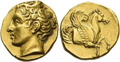 Greek Coins Lampsacus. Stater circa 394-350, AV 8.45 g. Head of the hunter Aktaion l., with stag's horn above forehead. Rev. Forepart of Pegasus r. within incuse square. Baldwin, Lampsakos 33 e-h. Jam