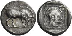 Greek Coins Lesbos, Methymna. Didrachm circa 500-450, AR 8.26 g. [MAΘVMNAIOΣ] Boar r. with lowered head, scratching muzzle with its l. foreleg. Rev. MAΘVM – N – AI – OΣ Head of Athena r., wearing cres