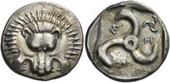Greek Coins Trbbenimi circa 380 – 370. Stater, Zemu circa 380, AR 9.55 g. Lion's scalp facing; below, T. Rev. z – ä – m in Lycian characters Trisceles, in field, smaller trisceles. Vismara, Lycia II 2