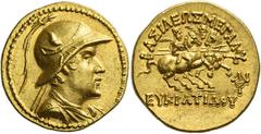 Greek Coins Eucratides I, circa 171 – 145. Stater, Pushkalavati circa 170-145, AV 8.50 g. Draped bust r., wearing helmet, adorned with bull's horn and ear. Rev. BAΣIΛEΩΣ MEΓAΛΟΥ / EYKPATIΔOY The Diosc