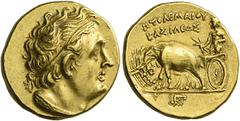 Greek Coins Ptolemy I Soter as king, 305–285. Stater, Cyrenaica under Magas circa 300-282, AV 7.11 g. Diademed bust r., with aegis around neck. Rev. ΠΤΟΛΕΜΑΙΟΥ / BAΣIΛEΩΣ Quadriga of elephants driven 