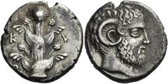 Greek Coins Cyrenaica, Cyrene. Tetradrachm circa 400-391, AR 13.21 g. Head of Zeus Ammon r. Rev. K – Y / P –A Silphium plant. BMC 73. SNG Copenhagen 1184. Very rare. An attractive portrait of Zeus of 