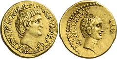 The Roman Republic Marcus Antonius, Lucius Antonius and M. Cocceius Nerva. Aureus, mint moving with M. Antonius circa 41, AV 8.00 g. M·ANT·IMP AVG VIR·R·P·C·M NERVA PROQ·P Bare head of M. Antonius r. 