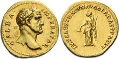 The Roman Empire Galba, 68 – 69. Restitution issue. Aureus circa 107 or 112/113, AV 7.35 g. GALBA IMPERATOR Laureate head r. Rev. IMP CAES TRAIAN AVG GER DAC P P REST Libertas, draped, standing l., ho