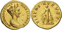 The Roman Empire Matidia, daughter of Trajan's sister. Aureus 112, AV 7.27 g. MATIDIA AVG DIVAE – MARCIANAE F Draped bust r., hair elaborately dressed, above which crescent-shaped diadem. Rev. PIETAS 