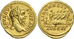 The Roman Empire Septimius Severus, 193 – 211. Aureus circa 209, AV 7.20 g. SEVERVS – PIVS AVG Laureate head r. Rev. LIBERALIT – AS Septimius Severus, Caracalla and Geta seated l. on platform; Liberal
