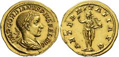 The Roman Empire Gordian III augustus, 238 – 244. Aureus 241-243, AV 4.87 g. IMP GORDIANVS PIVS FEL AVG Laureate, draped and cuirassed bust r. Rev. AETERNITATI AVG Sol standing l., raising r. hand and