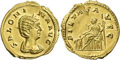 The Roman Empire Salonina, wife of Gallienus. Aureus 256-257, AV 3.44 g. SALONINA AVG Diademed and draped bust r. Rev. PIETAS AVGG Pietas seated l., holding sceptre in l. hand and extending r. to two 