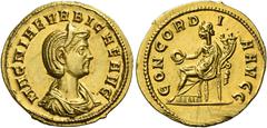 The Roman Empire Magnia Urbica, wife of Carinus. Aureus, Siscia 283, AV 4.10 g. MAGNIAE VRBICAE AVG Diademed and draped bust r. Rev. CONCORD – I – A AVGG Concordia seated l., holding patera in r. hand