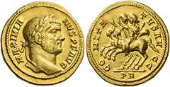 The Roman Empire Maximian Herculius first reign, 286 – 305. Aureus circa 294-295, AV 5.99 g. MAXIMIA – NVS P F AVG Laureate head r. Rev. CO – MITA – TVS AV – GG The two emperors riding l., both raisin