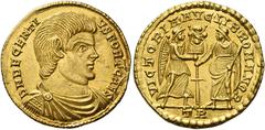 The Roman Empire Decentius caesar, 351 – 353. Solidus, Treveri 353, AV 4.56 g. D N DECENTI – VS FORT CAES Bare-headed, draped and cuirassed bust r. Rev. VICTORIA' AVG' LIB' ROMANOR Victoria standing r