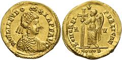 The Roman Empire Licinia Eudoxia, wife of Valentinian III. Solidus, Ravenna after 439, AV 4.41 g. D N ELIA EVDO – XIA P F AVG Pearl-diademed and draped bust r. cross over shoulder. Rev. BONO – REI PVB
