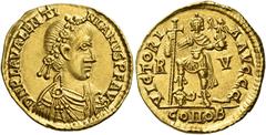 Migration of the Germanic Tribes The Visigoths. Pseudo-Imperial coinage. In the name of Valentinian III. Solidus, Ravenna 425-430, AV 20 mm, 4.40 g. D N PLA VALENTI – NIANVS P F AVG Pearl-diademed, dr