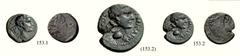 LOKRIS LOKRI OPUNTII Lot of two bronze coins, Tiberius, AD 14 - 37. 153.1 : Æ 6.20 g., 4¢. 153.2 : Æ 5.97 g., 12¢. Bare head of Tiberius r. Rev. Male figure standing l., holding drapery and extending 