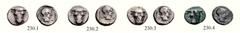 PHOKIS FEDERAL COINAGE PHOKIAN LEAGUE SILVER denominations: NOTES ON CLASSIFICATION Lot of three silver-plated triobols and one bronze core from a plated triobol, 460 - 457 BC. 230.1 : AR (Æ) 2.27 g.,