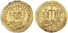The Byzantine Empire Basil II Bulgaroktonus and Constantine VIII, 976 – 1025 Histamenon nomisma 1005-1025, AV 4.38 g. + IhS XIS REX REGNANTIhM Bust of Christ facing with ornate crossed nimbus, raising