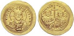 The Byzantine Empire Basil II Bulgaroktonus and Constantine VIII, 976 – 1025 Histamenon nomisma 1005-1025, AV 4.42 g. + IhS XIS REX REGNANTIhM Bust of Christ facing with ornate crossed nimbus, raising
