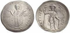 The Byzantine Empire Constantine IX Monomachus, 1042 – 1055 Miliaresion 1042-1055, AR 2.64 g. + DECΠOI – NA CωZOIC The Virgin orans, nimbate, standing facing on footstool, wearing pallium and maphoriu
