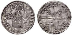 Medieval European Coinage Denmark Denier, Roskilde (?) 1047-1074, AR 0.92 g. Draped male figure standing facing, holding long sceptre surmounted by cross and globus cruciger ; in upper l. field, S. Re