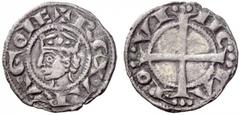 Medieval European Coinage France Provence. Alphonse II of Aragon, 1185-1209. Denier, AR 0.94 g. Crowned head l. Rev. Cross. Crusafont 171. Old cabinet tone and very fine