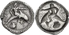 Greek Coins Calabria, Tarentum Nomos circa 510-450, AR 24 mm, 7.96 g. TARAS retrograde Oecist seated on dolphin r., l. arm extended; below, pecten. Rev. The same type l. incuse. Vlasto 66 (this coin).