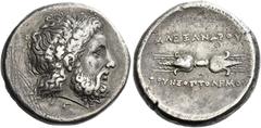 Greek Coins Tarentum Stater, struck under Alexander son of Neoptolemos circa 332, AR 22 mm, 10.83 g. Head of Zeus Dodonaios r., wearing oak wreath; below neck, Γ. Rev. ΑΛΕΞΑΝΔΡΟΥ / ΤΟΥ ΝΕΟΠΤΟΛΕΜΟΥ Thu