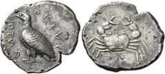 Greek Coins Sicily, Agrigentum Didrachm circa 510-500, AR 25 mm, 8.77 g. AKRAΓ – ΑΝΤΟΣ retrograde Eagle standing l., with closed wings. Rev. Crab. Jenkins Gela pl. 37, 1 (these dies). Ward 131 (these 
