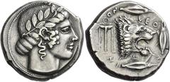 Greek Coins Leontini Tetradrachm circa 460-450, AR 26 mm, 17.14 g. Laureate head of Apollo r., hair rolled behind neck. Rev. LEO – N – T – IN – ON Lion's head r., with jaws open and tongue protruding;