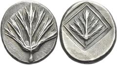 Greek Coins Selinus Didrachm circa 515-470, AR 20mm, 8.44 g. Selinon leaf. Rev. Selinon leaf diagonally oriented in linear square within incuse square. Arnold-Biucchi group II, 11. SNG ANS 684. Gillet