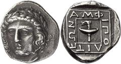 Greek Coins Amphipolis Tetradrachm circa 369-368, AR 25 mm, 14.24 g. Head of Apollo facing slightly l., wearing a laurel-wreath. Rev. AMΦ – IΠO – ΛIT – EΩN within raised linear square enclosing race t