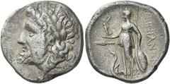 Greek Coins Thessaly, The Ainianes Stater, Hypata circa 360s-350s, AR 25 mm, 11.61 g. Laureate and bearded head of Zeus l. Rev. ΑΙΝΙΑΝΩΝ Athena standing l., helmeted and wearing long robes, holding Ni