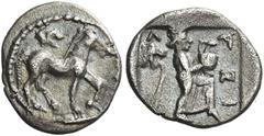 Greek Coins Larissa Obol circa 440-420, AR 11 mm, 0.88 g. Horse advancing r.; above, lion's head with open jaws r. Rev. Λ – ΑRΙ Nymph Larissa, walking r., balancing a hydria on her raised l. knee; in 