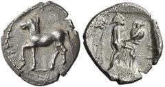 Greek Coins Larissa Obol circa 440-420, AR 12 mm, 0.94 g. Horse advancing l. Rev. [Λ – ΑRΙ] Nymph Larissa, walking r., balancing a hydria on her raised l. knee; in l. field, fountain spout in the form