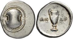 Greek Coins Boeotia, Thebes Stater, magistrate Andr(okleidas)- circa 390-382, AR 24mm, 12.28 g. Boeotian shield. Rev. Amphora with elongated foot; in field, AN – ΔP. All within concave circle. Hepwort