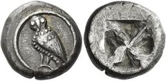 Greek Coins Attica, Athens Didrachm circa 545-515, AR 18 mm, 8.29 g. Owl standing l. within circular border. Rev. Diagonally divided incuse square. Rosen 184. Svoronos 7 (this coin, Berlin). Jameson 2