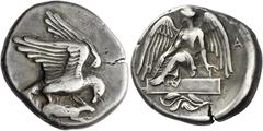 Greek Coins Elis, Olympia Stater, 87th Olympiad circa 432, AR 26 mm, 12.10 g. Eagle flying r., with its wings spread above its body, grasping a hare by the back with its talons and tearing at it with 