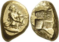 Greek Coins Cyzicus Stater circa 450-400, EL 22 mm, 16.03 g. The Earth (Gaia) rising-up out of the ground, wearing a chiton, and holding-out the infant Erichthonios; below, a tunny fish r. Rev. Quadri