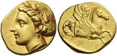 Greek Coins Lampsacus Stater circa 330, AV 19 mm, 8.44 g. Female head (Aphrodite ?) l., wearing laurel of lotus flowers, hair caught up in sakkos behind. Rev. Forepart of Pegasus r. within incuse squa