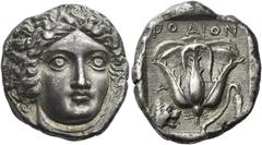 Greek Coins Rhodes Tetradrachm, reverse die signed by Xe(no)– circa 404-385, AR 22 mm. 15.14 g. Head of Helios facing, slightly r. Rev. POΔION Rose, bud to r.; below, Ξ – E and in l. field, A above li