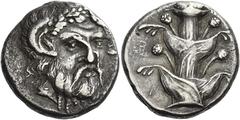 Greek Coins Cyrene Tetradrachm circa 400, AR 23 mm, 13.16 g. Head of Zeus Ammon, facing three-quarters r., wearing a laurel-wreath and a ram's horn. Rev. K – [Y] / P – [A] / N – [A] Silphium plant. BM