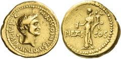 Roman Coins Marcus Antonius Aureus, mint moving with M. Antonius in 41, AV 19 mm, 8.04 g. M ANTONIVS·IMP III R·P·C Bare head of Marcus Antonius r.; behind, lituus. Rev. PIETAS – COS Pietas standing l.