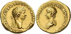 Roman Coins Claudius augustus, 41 – 54 Aureus circa 50-54, AV 18 mm, 7.62 g. TI CLAVD CAESAR AVG GERM P M TRIB POT P P Laureate head of Claudius r. Rev. [NERO CL]AVD CAES DRVSVS GERM PRINC IVVENT Bare