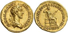 Roman Coins Commodus augustus, 177 – 192 Aureus 181, AV 20 mm, 7.22 g. M COMMODVS – ANTONINVS AVG Laureate, and draped bust r. Rev. SECVRITAS PVBLICA TR P VII IMP IIII Securitas seated r., resting hea