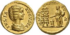 Roman Coins Julia Domna, wife of Septimius Severus Aureus circa 196-211, AV 20 mm, 7.12 g. IVLIA – AVGVSTA Draped bust r. Rev. MATRI – CASTRO – RVM Julia Domna, sacrificing out of patera in r. hand ov