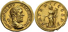 Roman Coins Macrinus, 217 – 218 Aureus December 217, AV 20 mm, 7.19 g. IMP C M OPEL SEV – MACRINVS AVG Laureate, draped and cuirassed bust r. Rev. P M TR P II COS P P Annona standing l., holding corn 