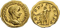 Roman Coins Gordian III, 238 – 244 Aureus 239, AV 19 mm, 4.62 g. IMP CAES M ANT GORDIANVS AVG Laureate, draped and cuirassed bust r. Rev. P M TR P II – COS P P Jupiter standing facing, head l., holdin
