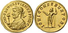Roman Coins Diocletian, 284 – 305 Aureus, Siscia circa 284-294, AV 21 mm, 5.36 g. IMP C DIOCLETIANVS P F AVG Laureate bust l., wearing Imperial mantle, holding eagle-tipped sceptre and mappa. Rev. IOV
