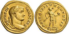 Roman Coins Galerius caesar, 293 – 305 Aureus, 295-296, AV 19 mm, 5.66 g. D N MAXIM – IANO CAES Laureate head r. Rev. PRINCIPI IVVENTVTIS Galerius, in military attire and wearing chlamys, standing l.,